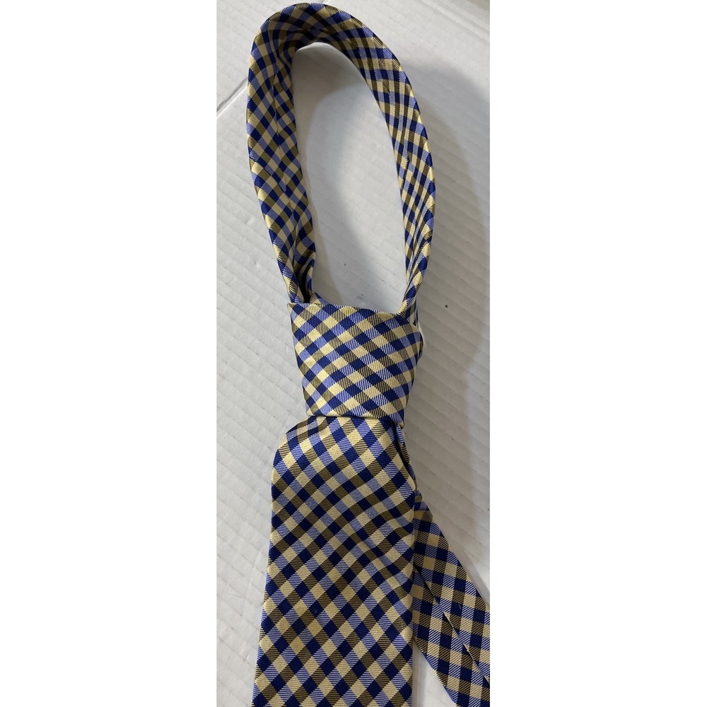 Chaps Necktie Mens OS‎ Blue Yellow Gingham Check Plaid 100% Silk Handmade
